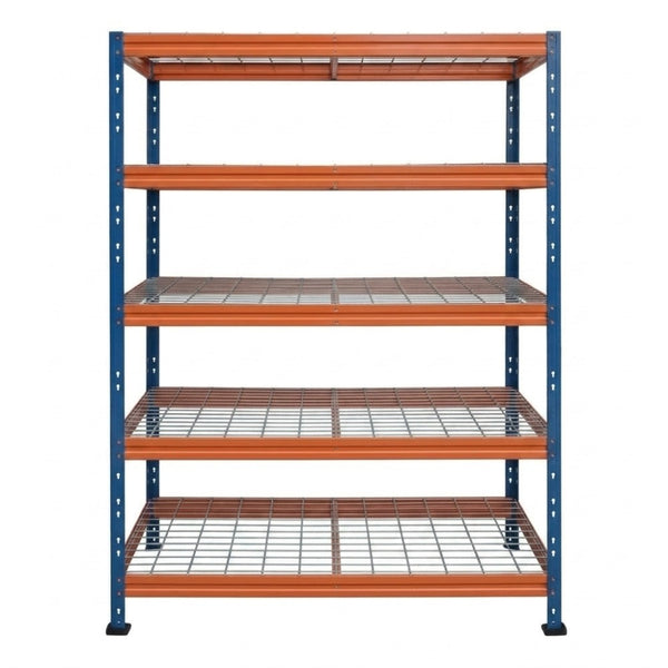 Schwerlastregal BULLRACK RIVET PRO 200x120x60 Stahlgitterboden 5 Ebenen Blau-Orange