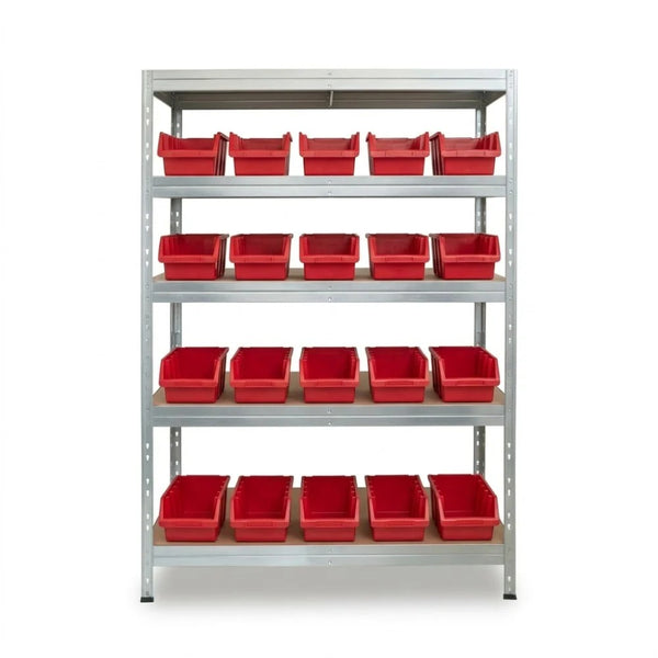 Červený päťposchodový kovový regál Ergobox4 120x45 cm s nýtmi