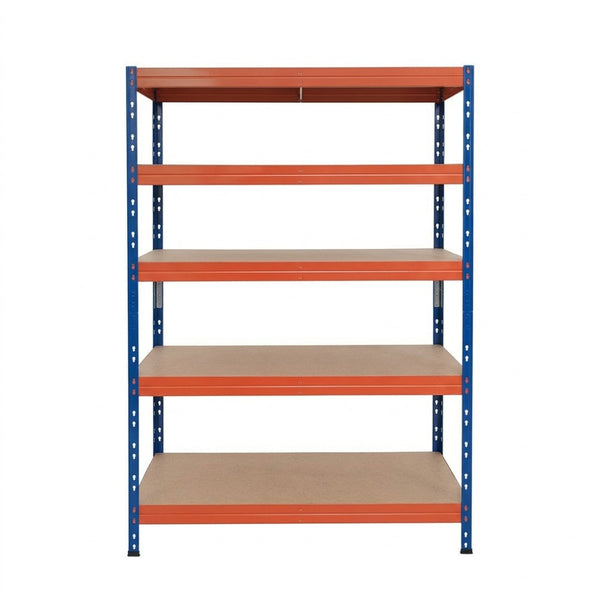 Frontansicht blau-orange Metallregal 120x45 cm mit 5 Ebenen