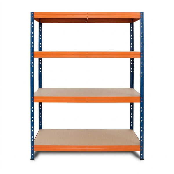 Vorderansicht Metallregal 4 Ebenen in Blau und Orange, stabil und praktisch