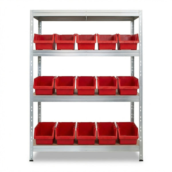 Pozinkovaný kovový regál 120x45 cm so 4 policami a červenými boxmi Ergobox4, stabilný a univerzálny