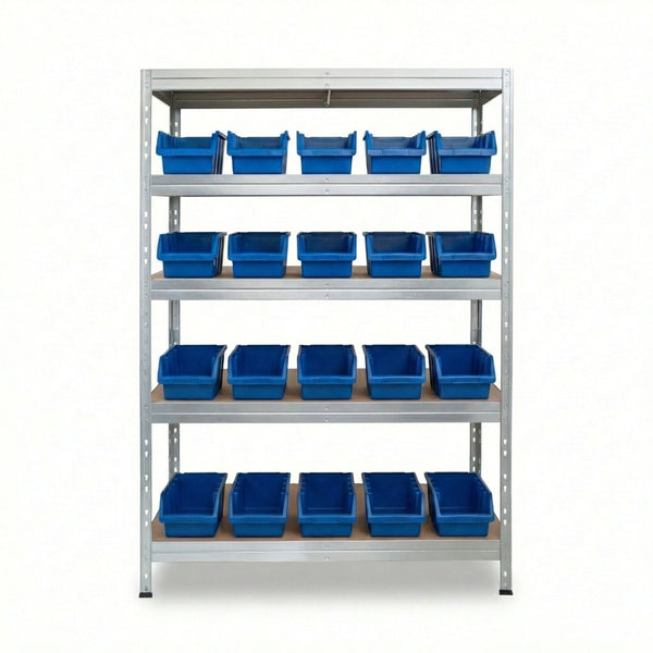 Galvanizovaný kovový regál 120x45 cm s piatimi policami a modrými boxmi Ergobox4