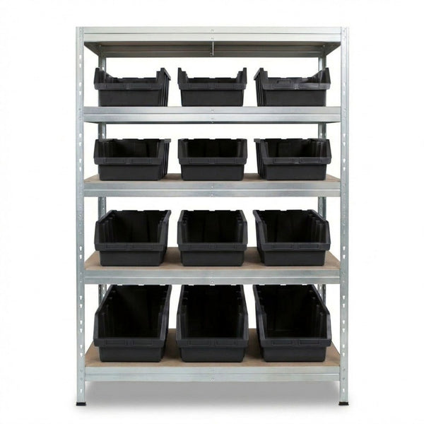 Galvanizovaný kovový regál 120x45 cm s piatimi policami a čiernymi boxmi Ergobox5