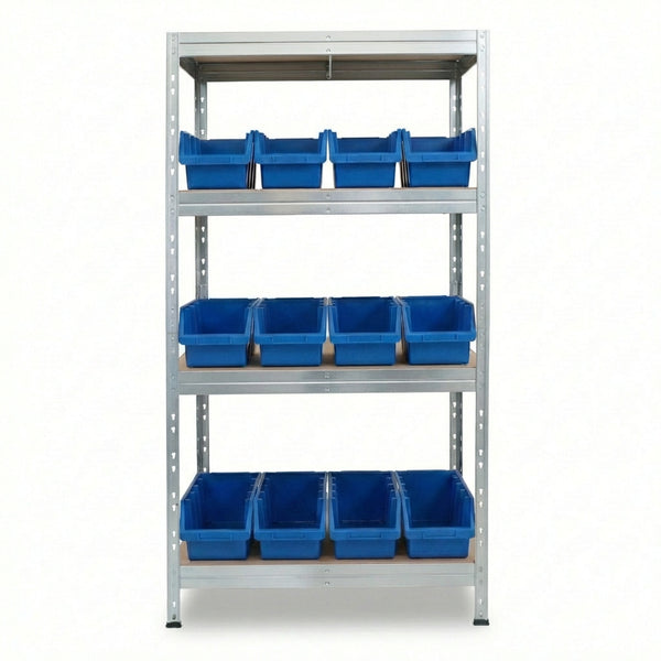 Metallregal 90x45 cm mit 4 Ebenen und blauen Ergobox4 Behältern