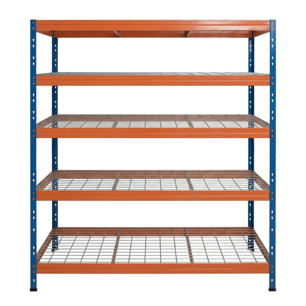 Blau-orange Metallregal mit 5 Ebenen, 150 cm breit