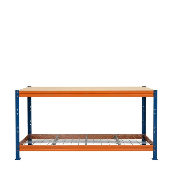 Werkbank Bullrack Rivet Pro blau-orange mit Drahtkorb, Drahtfrontansicht