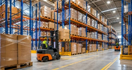 Almacén moderno con estanterías para palets y carretillas elevadoras en funcionamiento