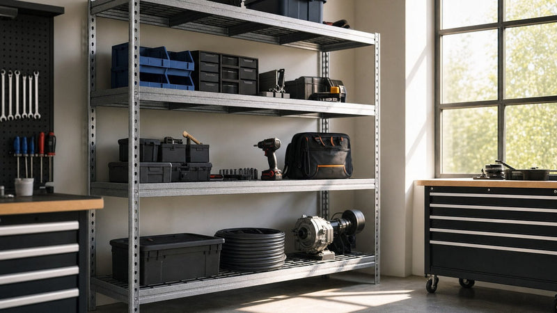 Espacio DIY en casa o taller con banco de trabajo y estanterías metálicas