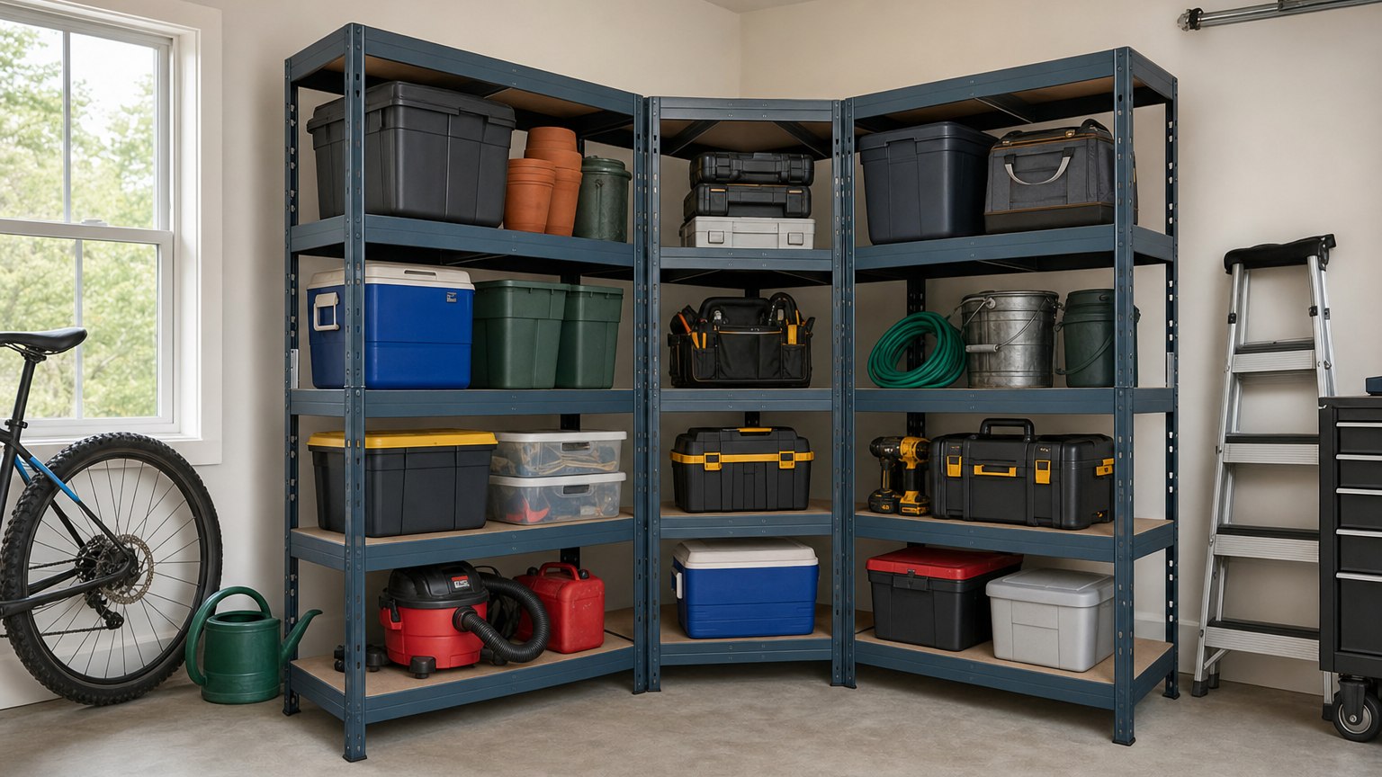 Garaje pequeño bien organizado con estanterías, armarios y soluciones de almacenaje de Master Rax