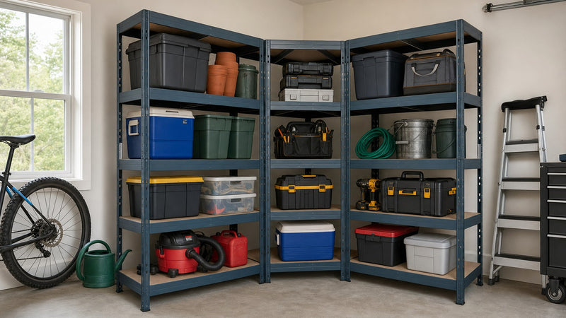Garaje pequeño bien organizado con estanterías, armarios y soluciones de almacenaje de Master Rax