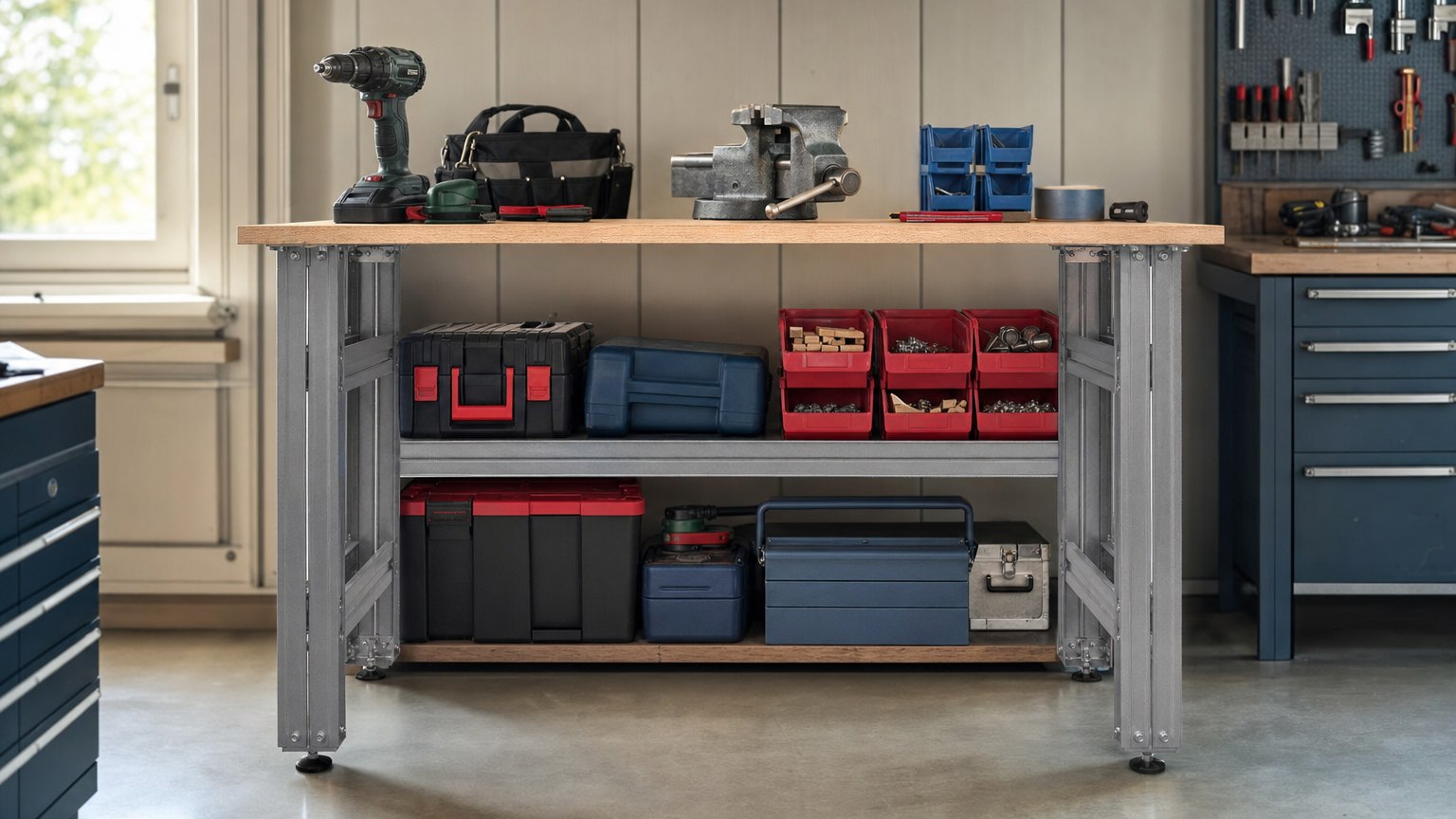 Estanterías de taller organizadas con herramientas y material almacenado de forma eficiente