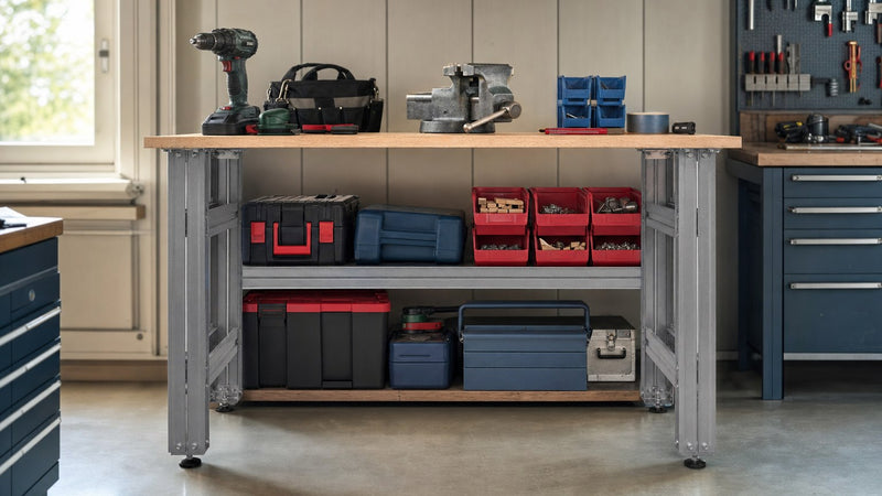Estanterías de taller organizadas con herramientas y material almacenado de forma eficiente