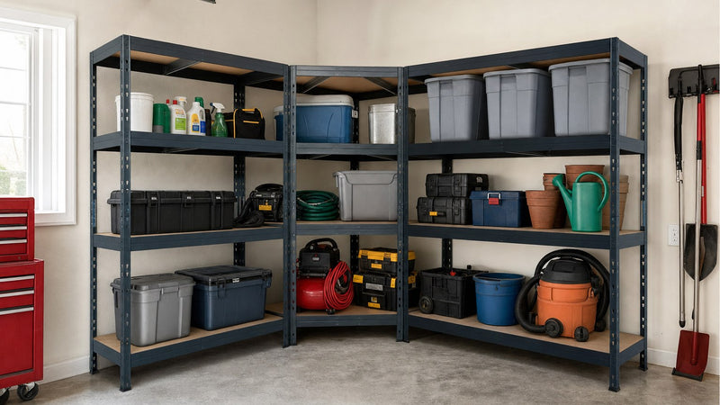 Estanterías metálicas para garaje organizando herramientas, neumáticos y cajas