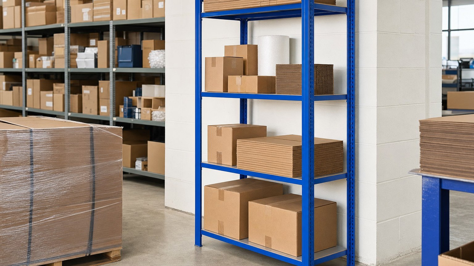 Reorganización de estanterías metálicas en garaje o trastero con cajas etiquetadas