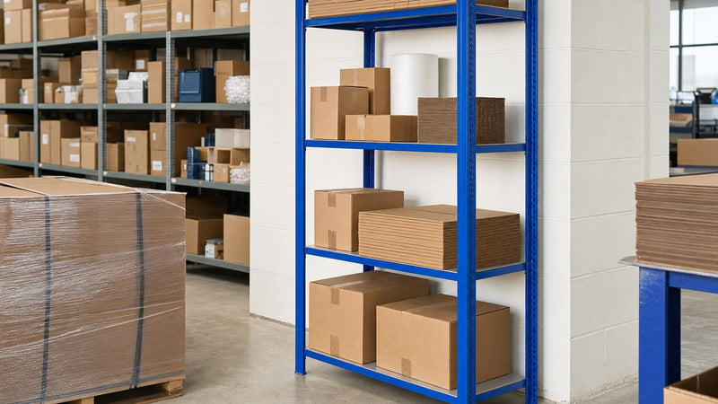 Reorganización de estanterías metálicas en garaje o trastero con cajas etiquetadas