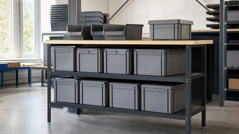 Maletines y cajas de herramientas bien organizados en taller con soluciones de almacenaje