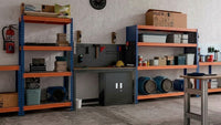 Banco de trabajo Bullrack Rivet PRO con base de tablero aglomerado DTD y malla de acero capacidad de carga de hasta 480 kg 100x120x60cm 2 niveles azul naranja