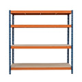 Kovový regál BULLRACK RIVET PRO 200x180x45 DTD dřevotříska 4 úrovně modro-oranžová