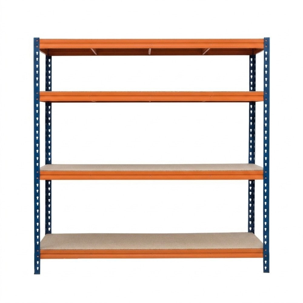 Schwerlastregal BULLRACK RIVET PRO 200x200x60 Spanplatte 4 Ebenen Blau-Orange