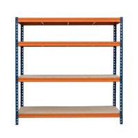 Schwerlastregal BULLRACK RIVET PRO 200x200x60 Spanplatte 4 Ebenen Blau-Orange