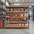 Schwerlastregal BULLRACK RIVET PRO 200x120x45 Spanplatte 4 Ebenen Blau-Orange