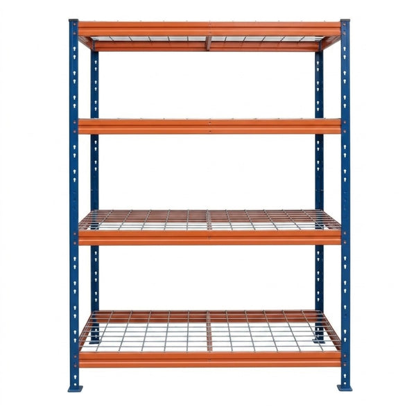 Schwerlastregal BULLRACK RIVET PRO 200x120x60 Stahlgitterboden 4 Ebenen Blau-Orange