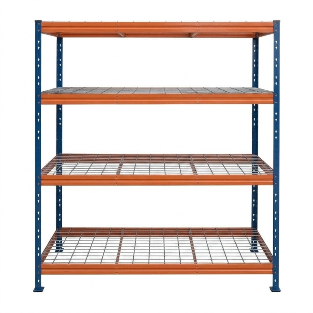 Kovové regály BULLRACK RIVET PRO 200x150x60 oceľová mriežka 4 úrovne modro-oranžová