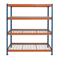 Kovové regály BULLRACK RIVET PRO 200x150x60 oceľová mriežka 4 úrovne modro-oranžová