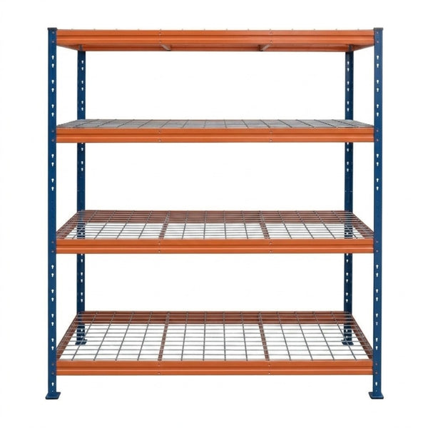Kovové regály BULLRACK RIVET PRO 200x150x60 oceľová mriežka 4 úrovne modro-oranžová