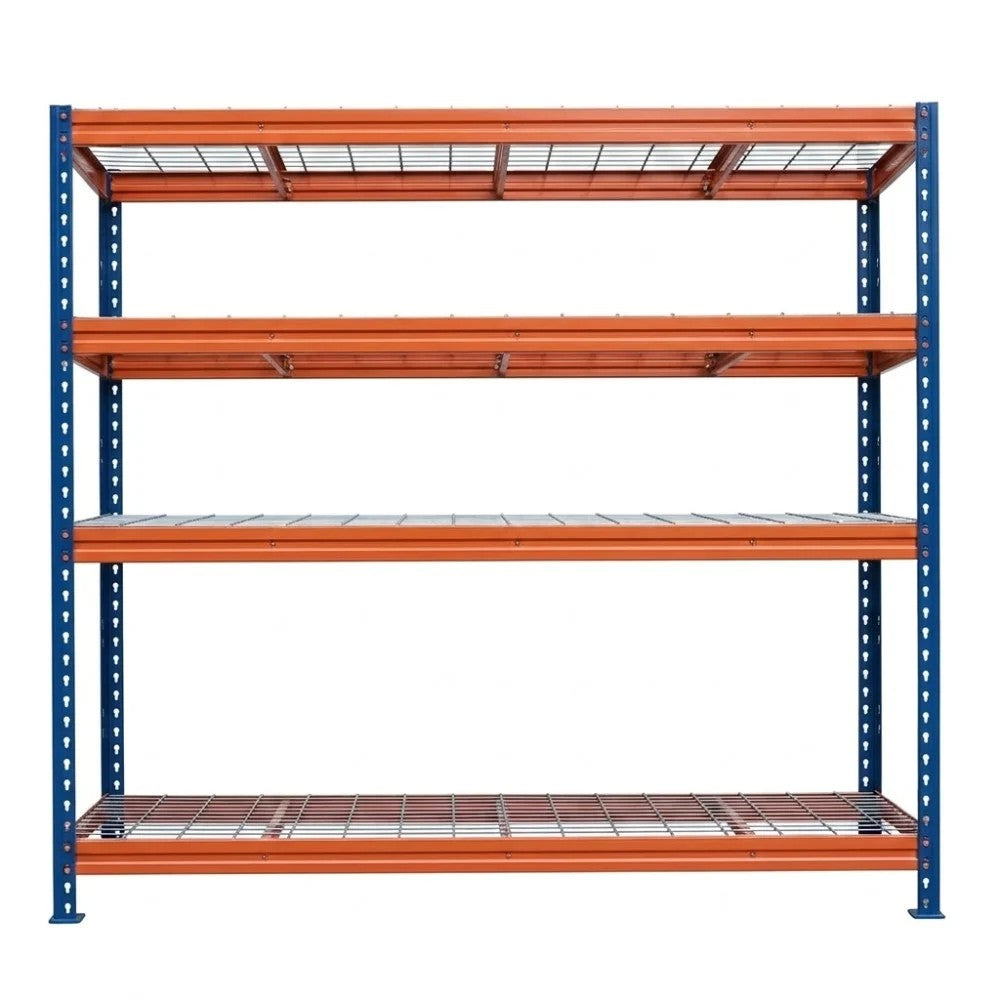 Schwerlastregal BULLRACK RIVET PRO 200x150x60 Stahlgitterboden 4 Ebenen Blau-Orange