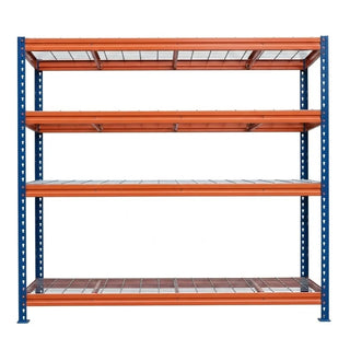 Schwerlastregal BULLRACK RIVET PRO 200x150x60 Stahlgitterboden 4 Ebenen Blau-Orange