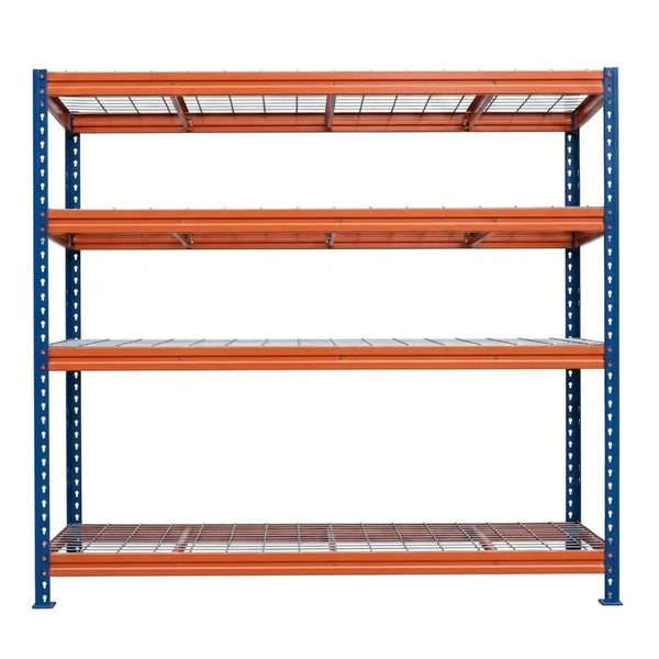 Kovový regál BULLRACK RIVET PRO 200x180x60 ocelová mřížka 4 úrovně modro-oranžová