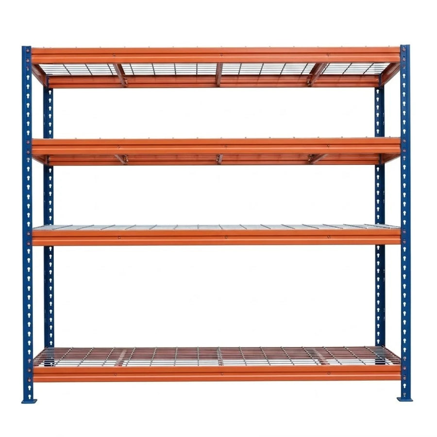 Schwerlastregal BULLRACK RIVET PRO 200x150x60 Stahlgitterboden 4 Ebenen Blau-Orange
