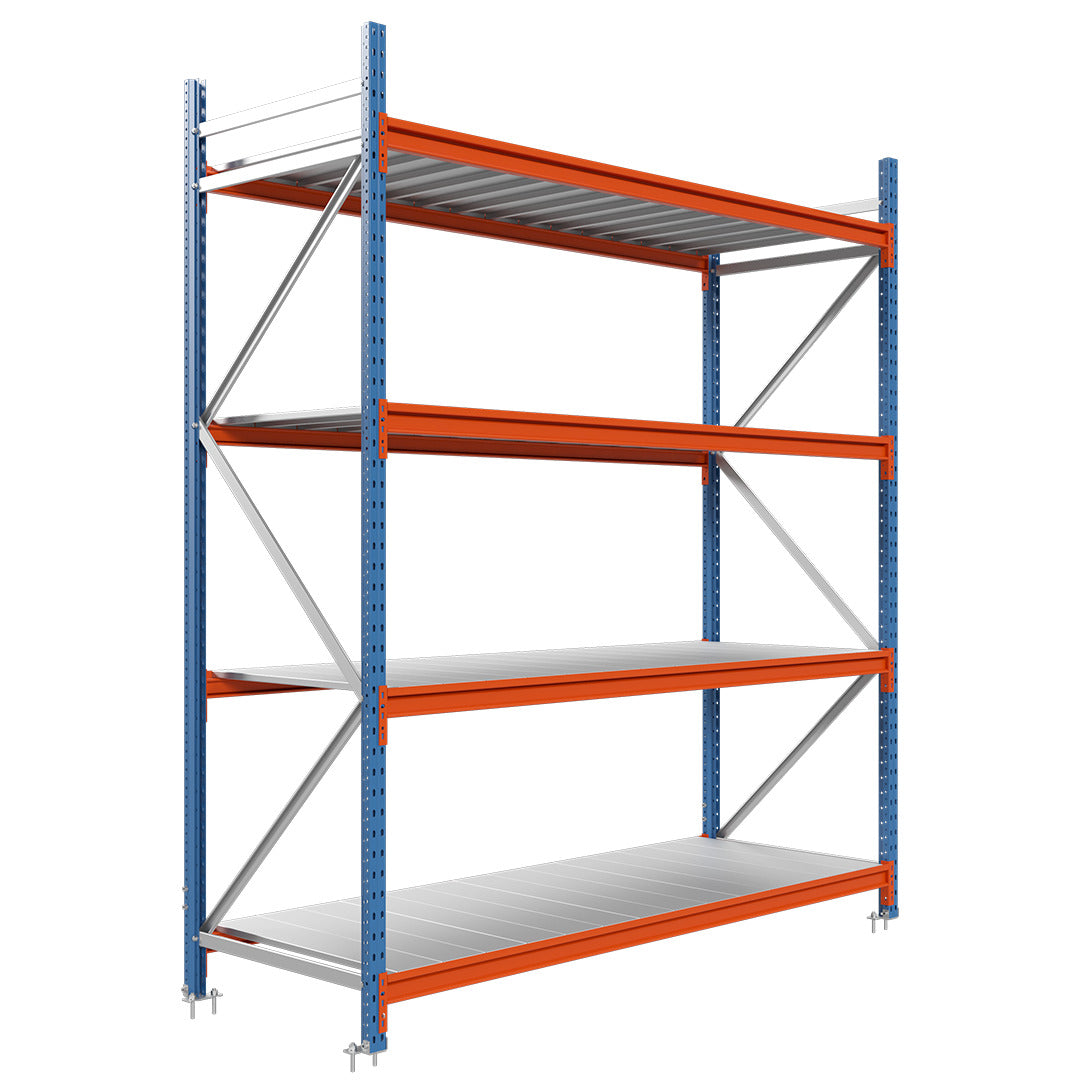 Metalowy regał Longspan z półkami stalowymi, 4 poziomy, 3 moduły, stabilne przechowywanie