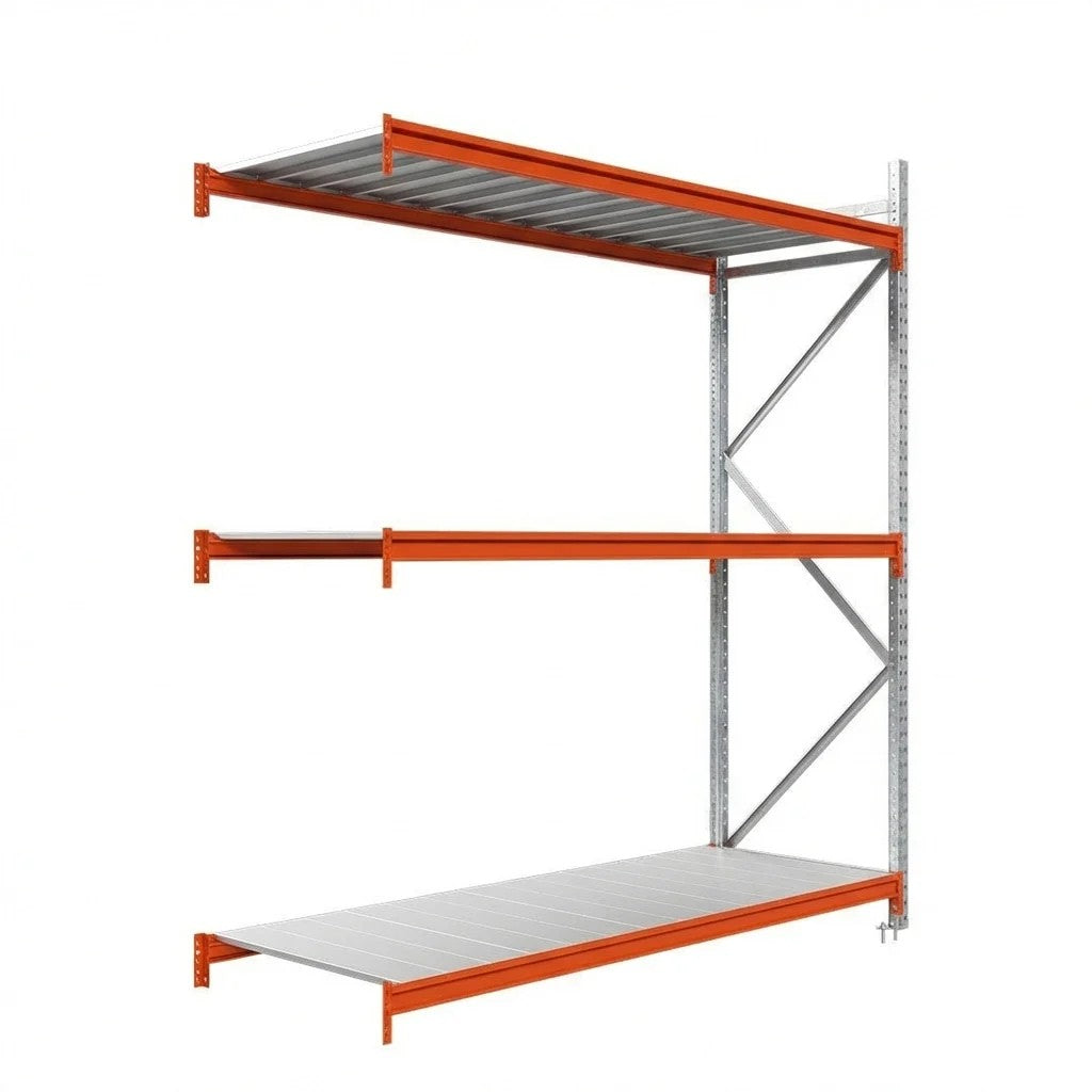 Průmyslové regály, přídavný modul, 250x240x100cm, 3 úrovně s kovovými policemi, 590kg na polici