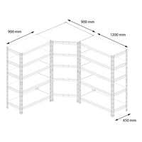Technický výkres kovového regálu Garage45 s 5 policemi a výztuhou 90x120 cm