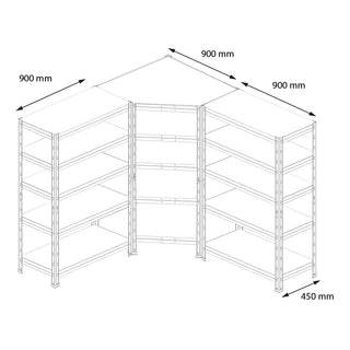 Technische Zeichnung eines Metallregals Garage45 mit 5 Regalböden und Verstärkung 90x90 cm