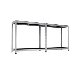 Metalowa półka zewnętrzna 4 poziomy 100x40 cm widok z boku z ławką roboczą