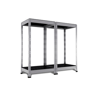 Metallregal Outdoor 4 Ebenen 50x40 cm Seitenansicht mit Werkbank
