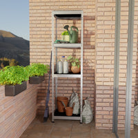 Pozinkovaný kovový outdoor regál 4 úrovne 50x38 cm, balkónový pohľad na regál.