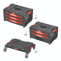 Qbrick System SetPro sada zásuviek do dielne s kovovými regálmi a úložiskami