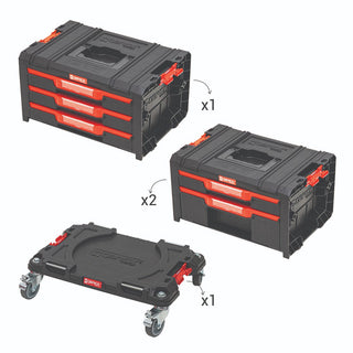 Qbrick System SetPro sada zásuviek do dielne s kovovými regálmi a úložiskami