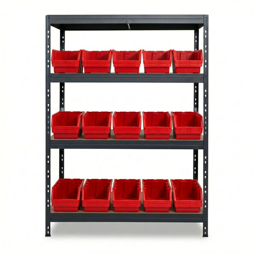 Rotes 4-stöckiges Ergobox4 Metallregal 120x45 cm mit Nieten
