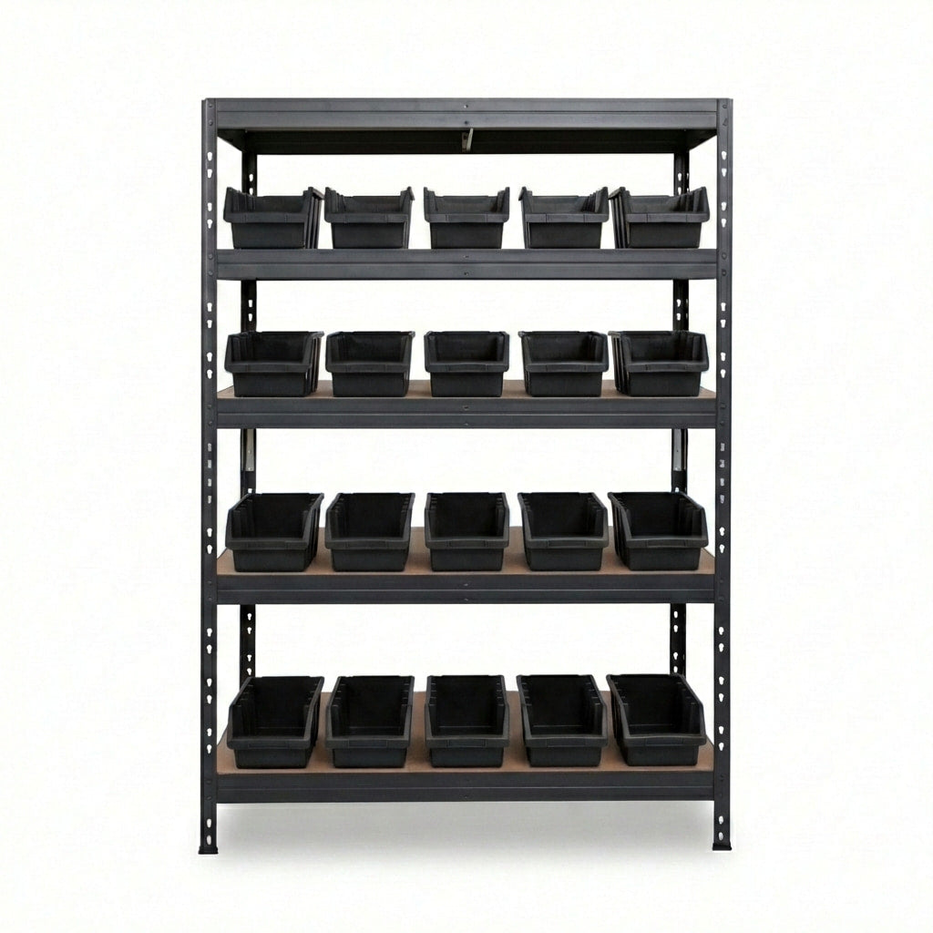Schwarzes 5-stöckiges Ergobox4 Metallregal 120x45 cm mit Nieten
