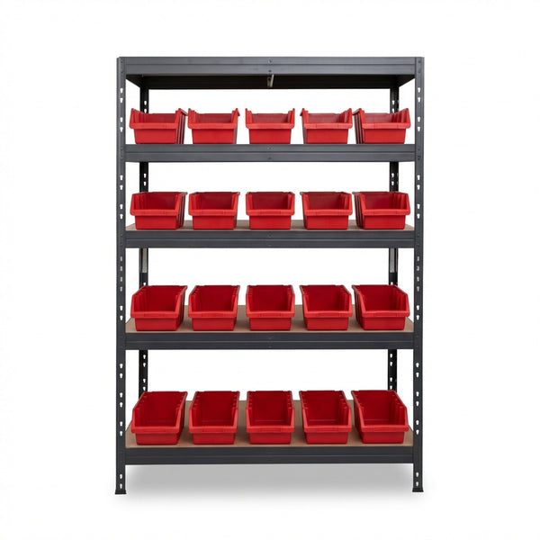 Rotes 5-stöckiges Ergobox4 Metallregal 120x45 cm mit Nieten