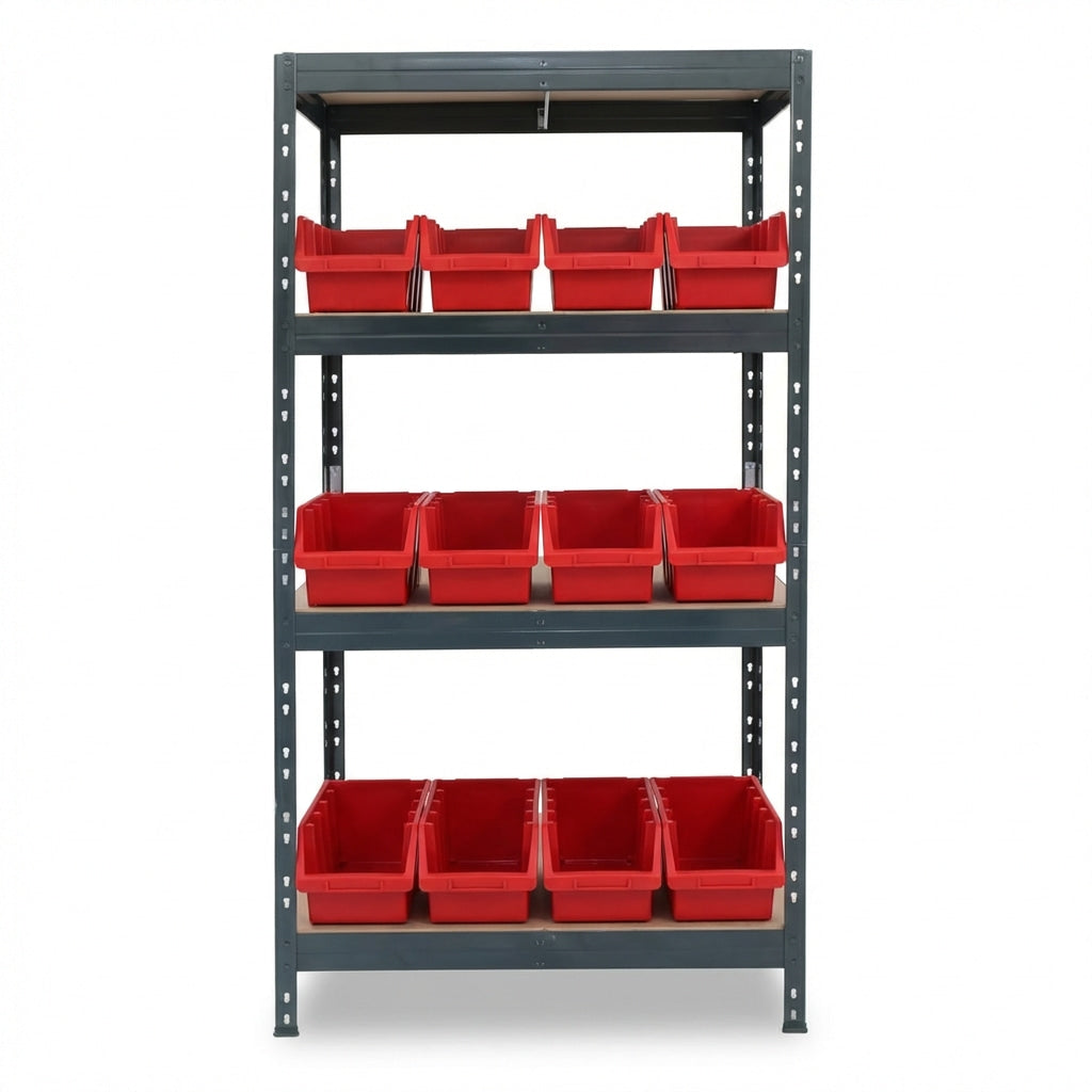 Rotes Metallregal mit 4 Ebenen und Ergobox4 Aufbewahrungsboxen