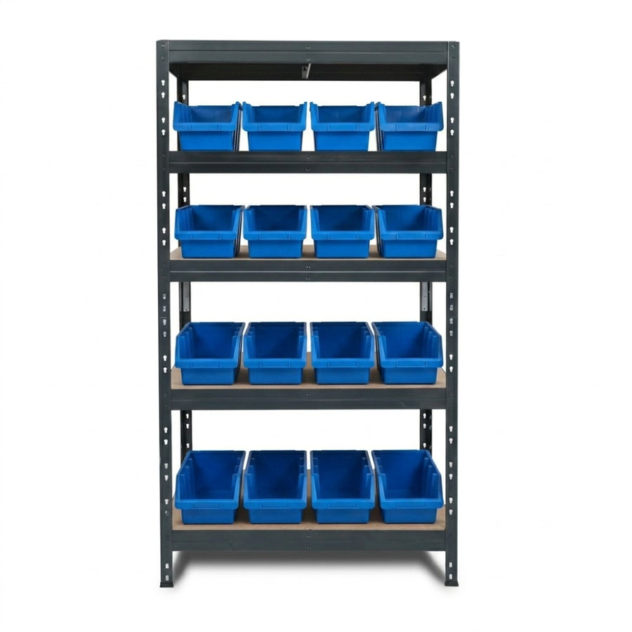 Blaues Metallregal mit 5 Ebenen und Ergobox4 Aufbewahrungsboxen