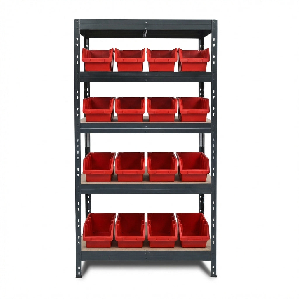 Rotes Metallregal mit 5 Ebenen und Ergobox4 Aufbewahrungsboxen