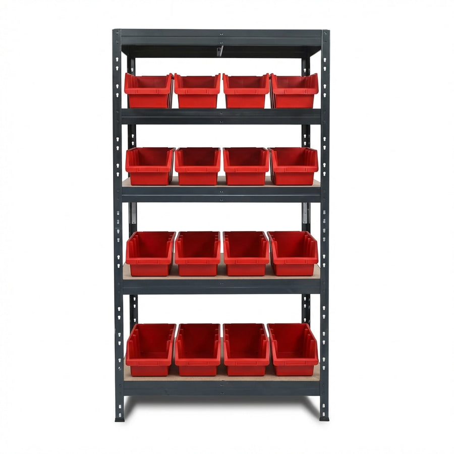 Rotes Metallregal mit 5 Ebenen und Ergobox4 Aufbewahrungsboxen