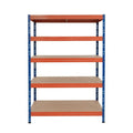 Frontansicht blau-orange Metallregal 120x45 cm mit 5 Ebenen